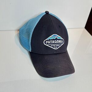 Patagonia Ventura black and blue mesh trucker hat.
